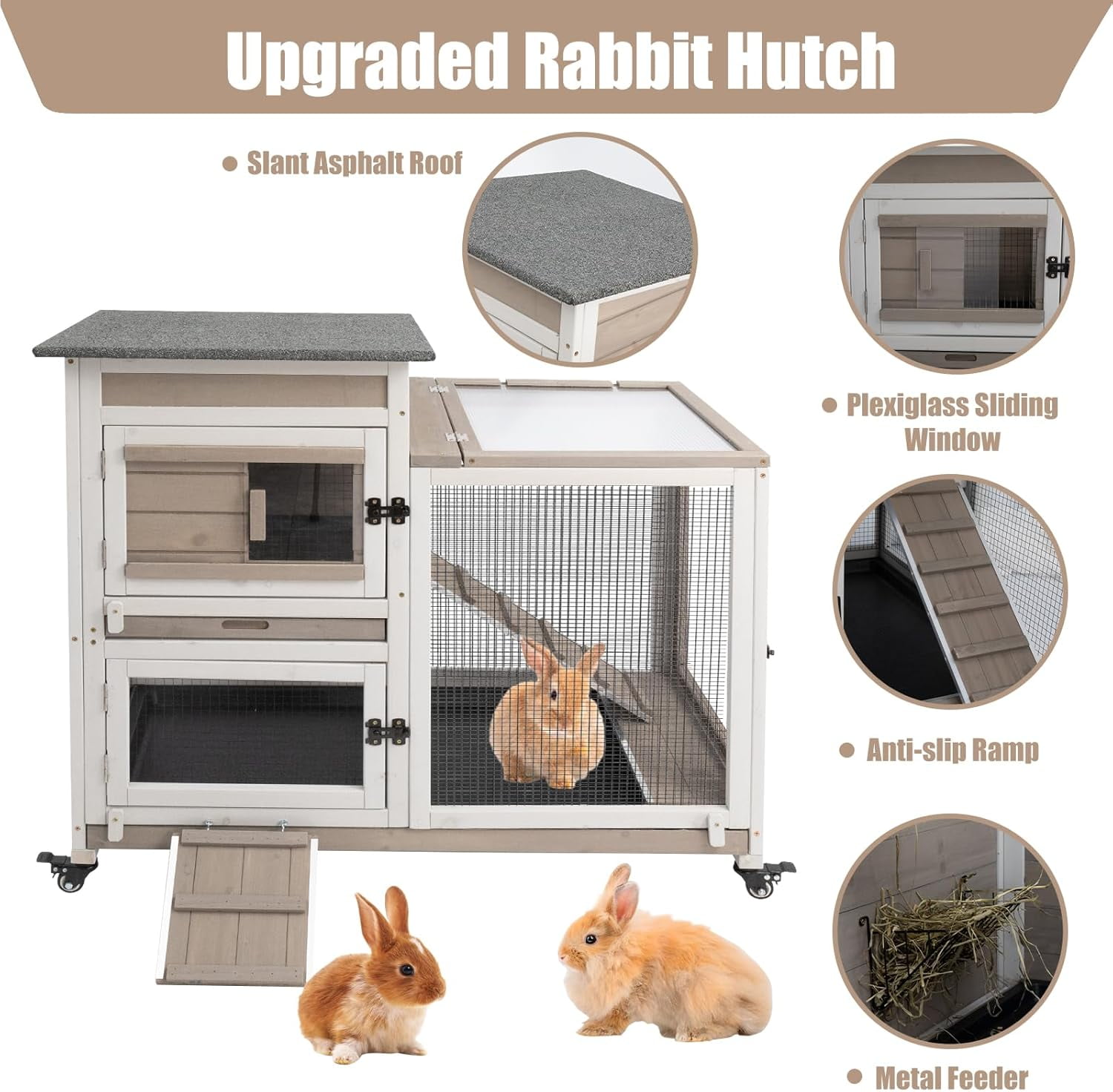 PETSCOSSET 40" Rabbit Hutch Indoor, 2 Story Outdoor Wooden Bunny Hutch with Run, Pet House for Small Animals