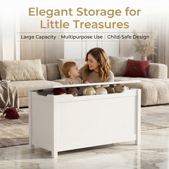 Large Wooden Toy Box for Toddlers, Multipurpose Storage Chest & Bench with Safety Lid, Organizer Cabinet for Kids Room and Nursery, White
