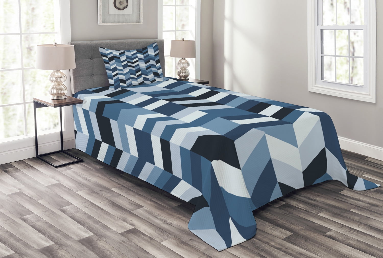 Navy Bedspread Set, Soft Pastel Toned Modern Herringbone Pattern with