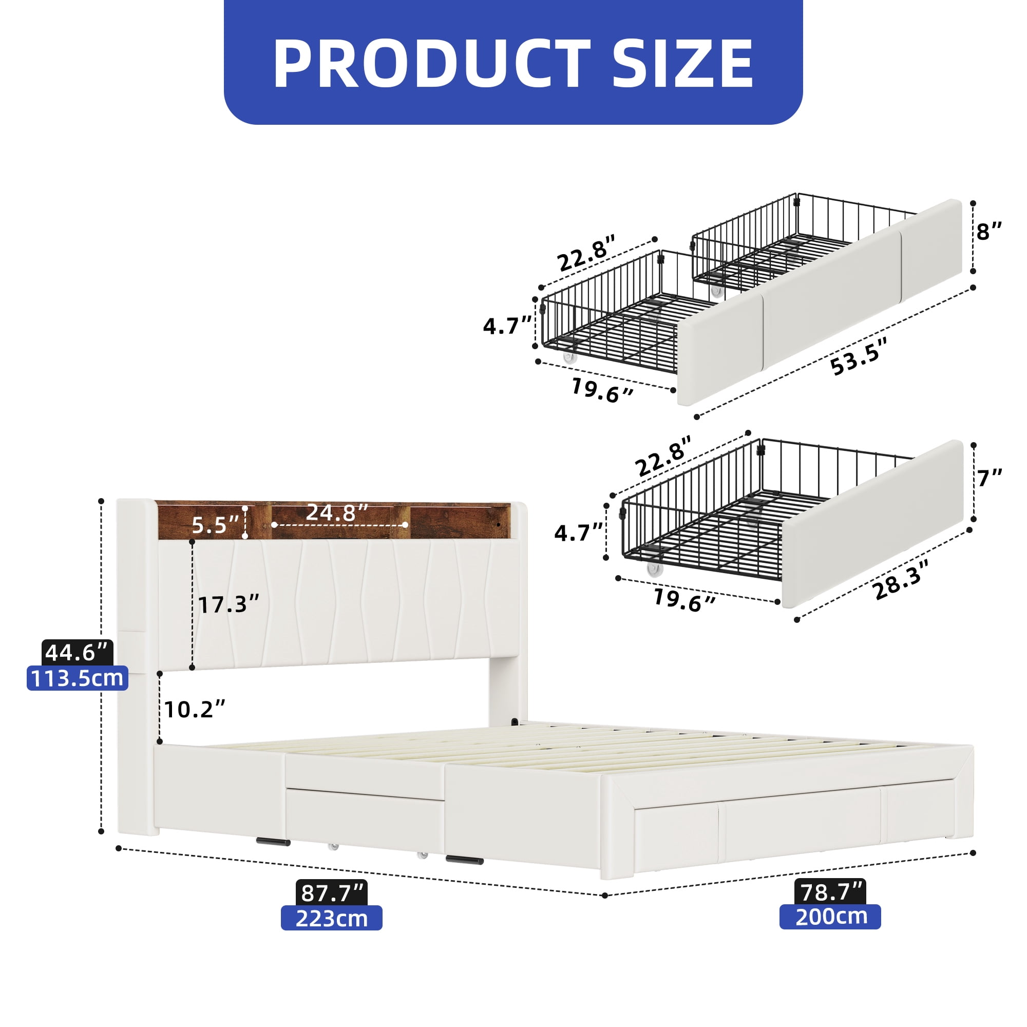 ModFusion King Size Upholstered Bed Frame with Velvet Headboard & Footboard, Built-in Storage, RGB Light Strip, Power Outlets, Beige