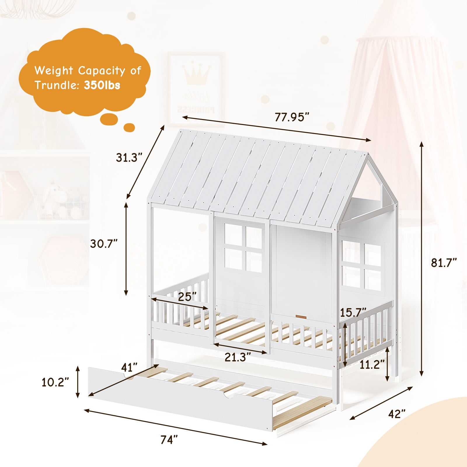 Gianna Twin Size Solid Wood House Bed with Trundle, Roof Frame, Guardrails and Slats, White