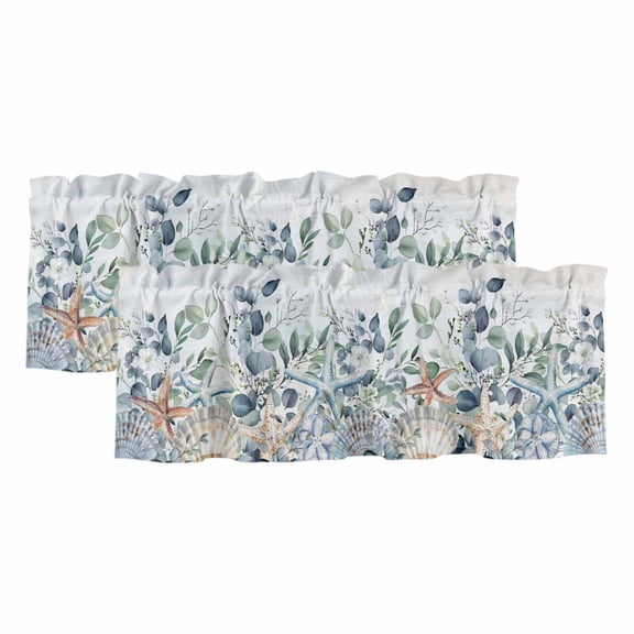 Teal Blue Eucalyptus Valances for Windows, Decorative Rod Pocket Window Valance Curtains, Coastal Starfish Botanical Short Curtain Drapes for Kitchen/Bathroom/Living Room, 2 Panels, 42" W x 18" L