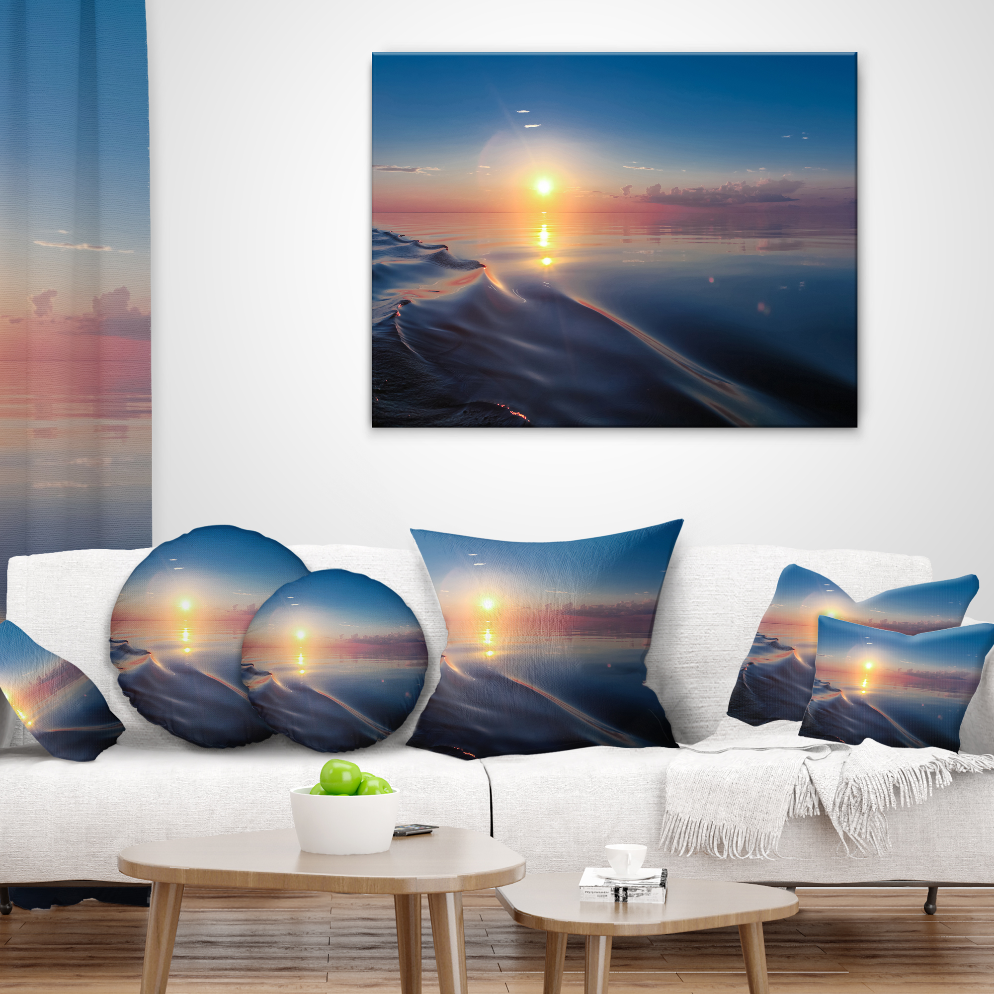 Designart Smooth Sea Surface under Sunset - Beach Photo Throw Pillow - 18x18