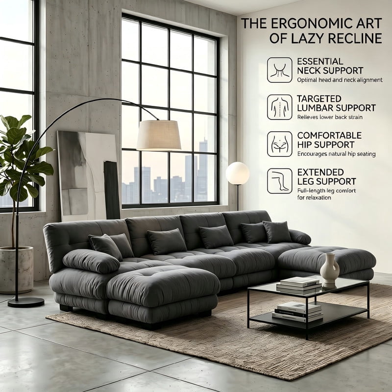 ANPPORT Cloud Couch Sleeper Sofa, Chenille Gray 4-Seater Modular Sofa with 2 Ottomans, 4 Lumbar pillows, 2 Pillows, Comfy Deep Seat Cloud Sofa, Convertible L-Shaped Floor Couch for Living Room