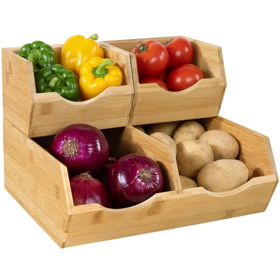HOMESTEAD Bamboo Pantry Storage Bins, Stackable Bins Open Front Organizer, Potato and Onion Storage Bins, Wooden Fruit Basket for Kitchen  Set of 3