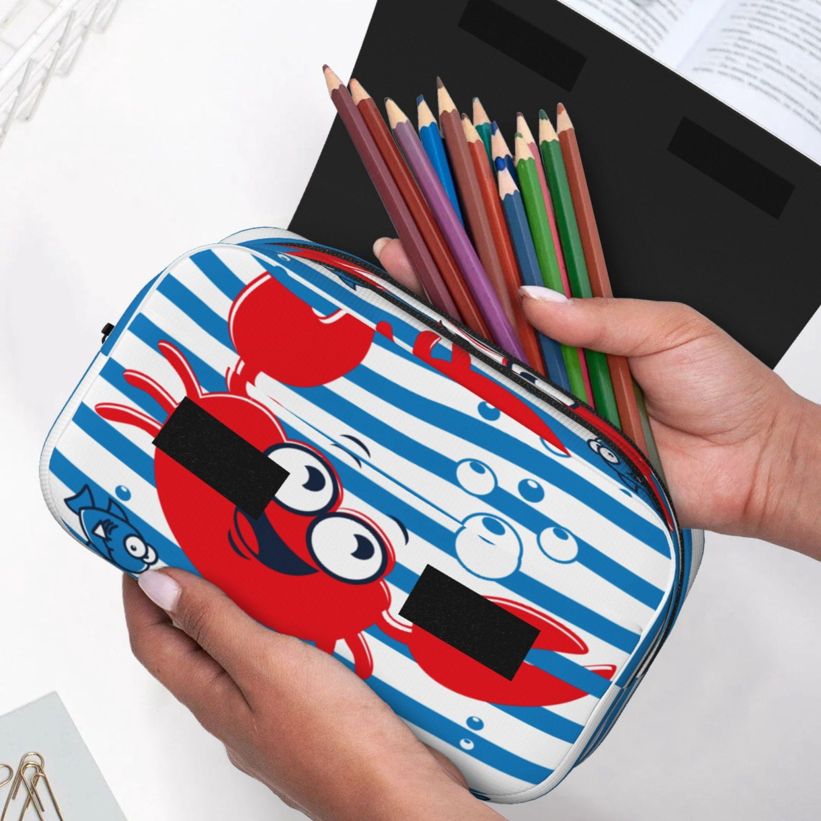 Rateoe Red Funny Crab on Blue Stripe Pattern Double Clamshell Pen Case, Storage Organizer with Two Zipper Compartments– Holds Up to 50 Pencils & Pens