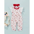 thumbnail image 2 of Kiapeise Baby Girl Lace Fly Sleeve Heart Print Romper One Piece Jumpsuit and Headband, 2 of 8