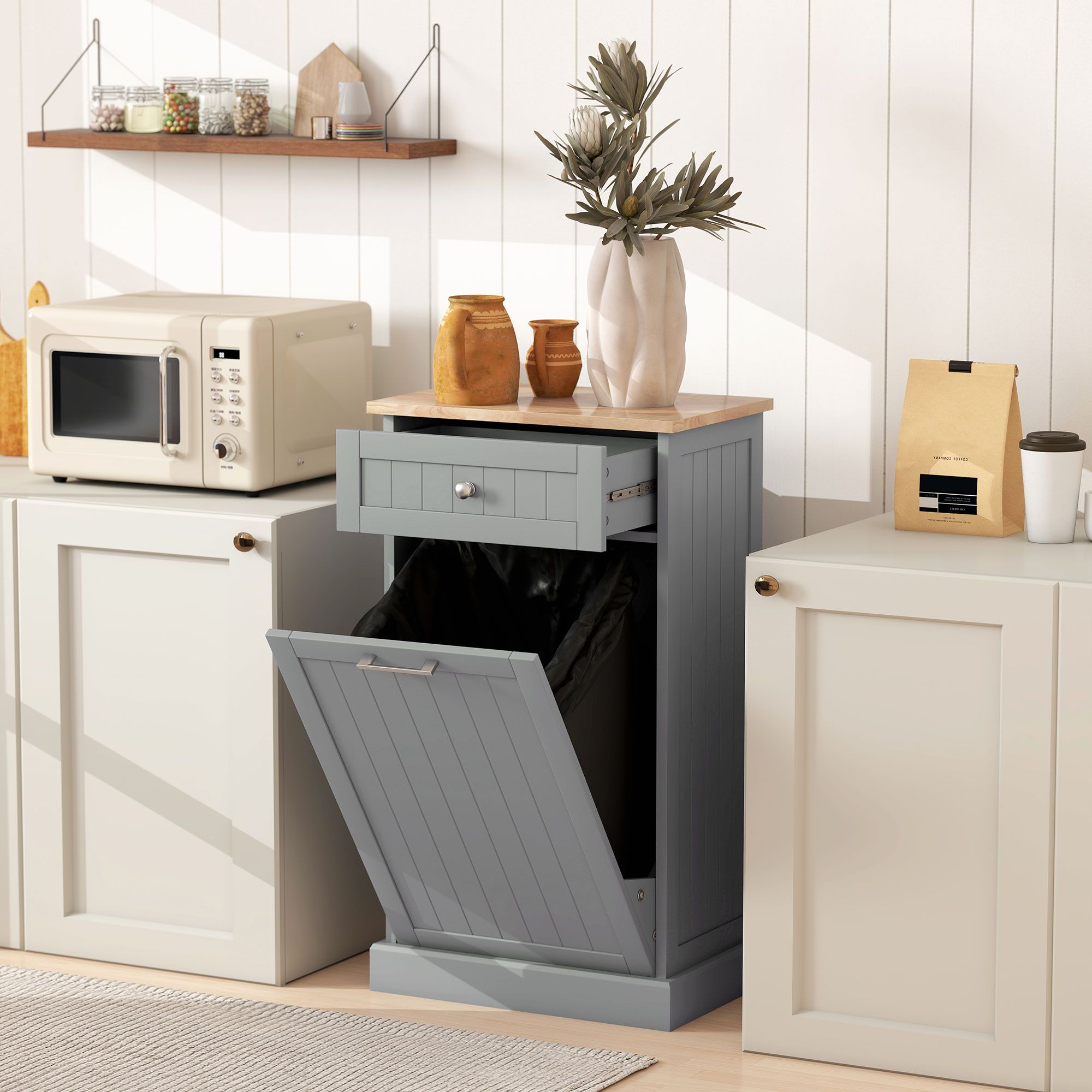 Tilt Out Trash Bin Cabinet with Drawer, Freestanding Recycling Can Holder, MDF and Wood, 20 in Wide, 10 Gallon Capacity, for Kitchen or Laundry Room