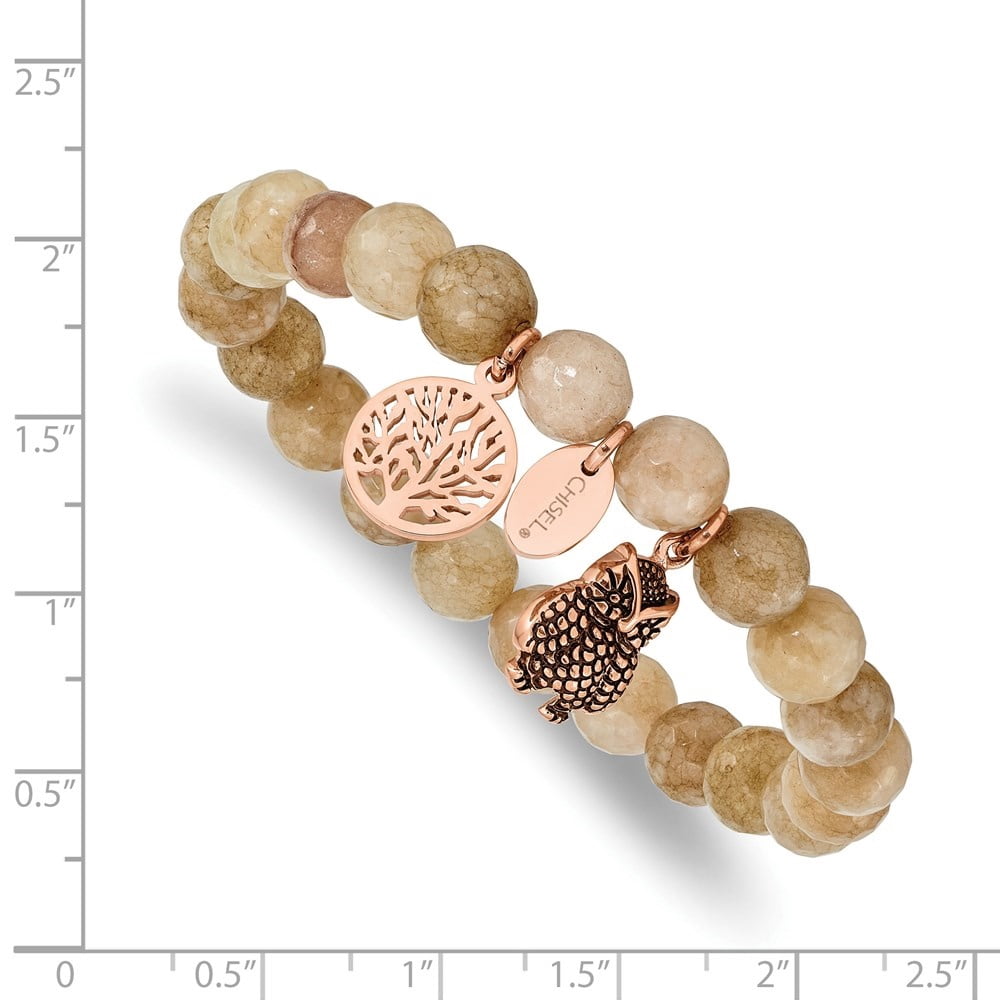 Diamond2Deal Stainless Steel Rose IP-Plated Owl and Tree of Life Taupe Dyed Jade Beaded Stretch Bracelet for Women 6.5"