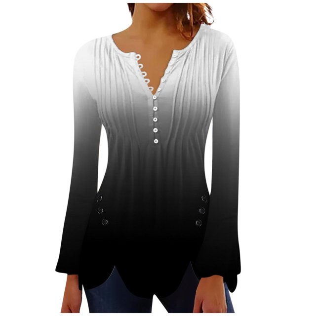 Diufon Tunics for Women Trendy Gradient Printed Blouses Fall V Neck Button Long Sleeve Tops