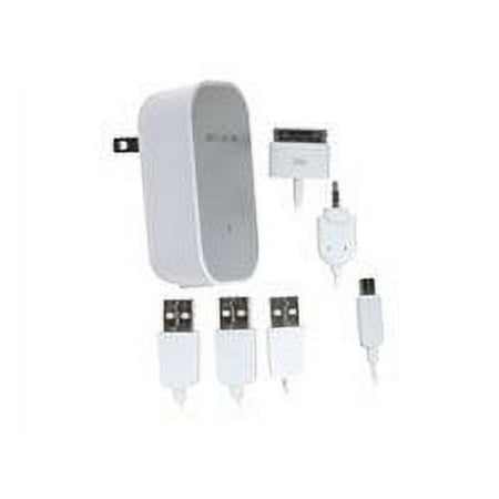 Belkin Dual USB Wall Charger - Power adapter - 2 output connectors (2 x USB) - on cable: 30-pin Apple, mini-USB, mini-jack - white