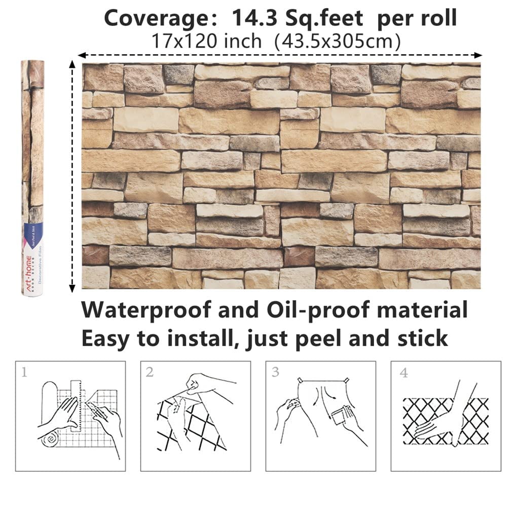 Arthome Rock Wallpaper Peel and Stick 17''x120'' Self Adhesive Contact Paper Waterproof Stone Brick Vinyl Film Wall Paper for Bedroom Living Room Fireplace Backsplash Wall Covering（Brown）