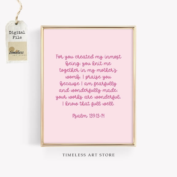 Fearfully And Wonderfully Made Wall Art Psalm 139 Bible Verse Christian Nursery Decor Scripture Girls Room, Unframed Paper Poster 8x10in