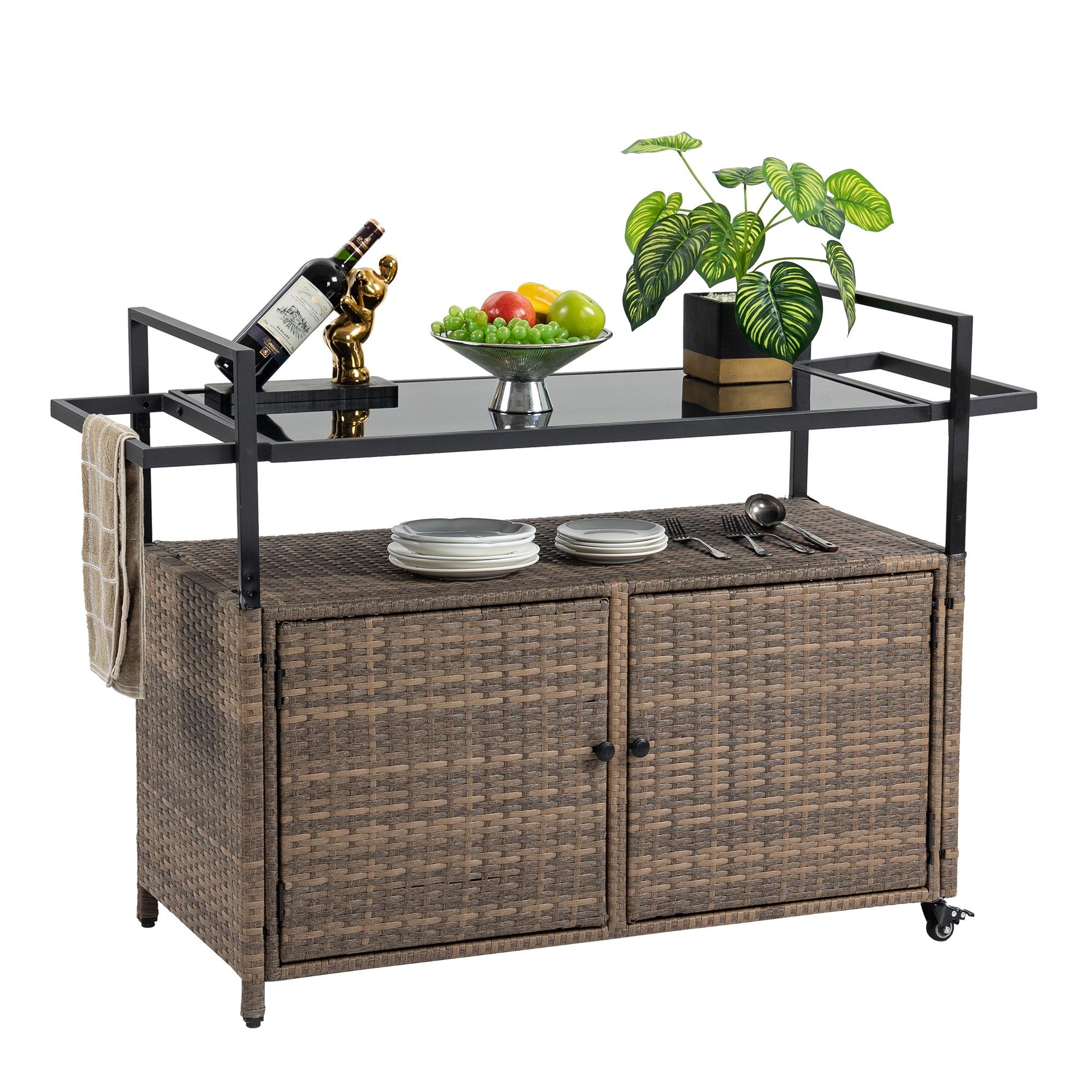 Syngar Patio Bar Cart on Wheels, Outdoor PE Wicker Bar Counter Table with Glass Top & Storage, Rolling Beverage Bar Counter Table, Wine Serving Cart for Garden, Porch, Backyard, Poolside, Light Brown - image 2 of 9