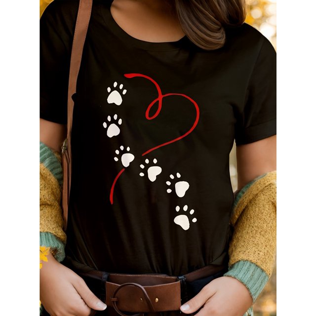 100% Heart & Dog Paw Print T-shirt, Cute Crew Neck Short Sleeve Top For Spring, Summer & Fall, Women'S Fashion Clothing