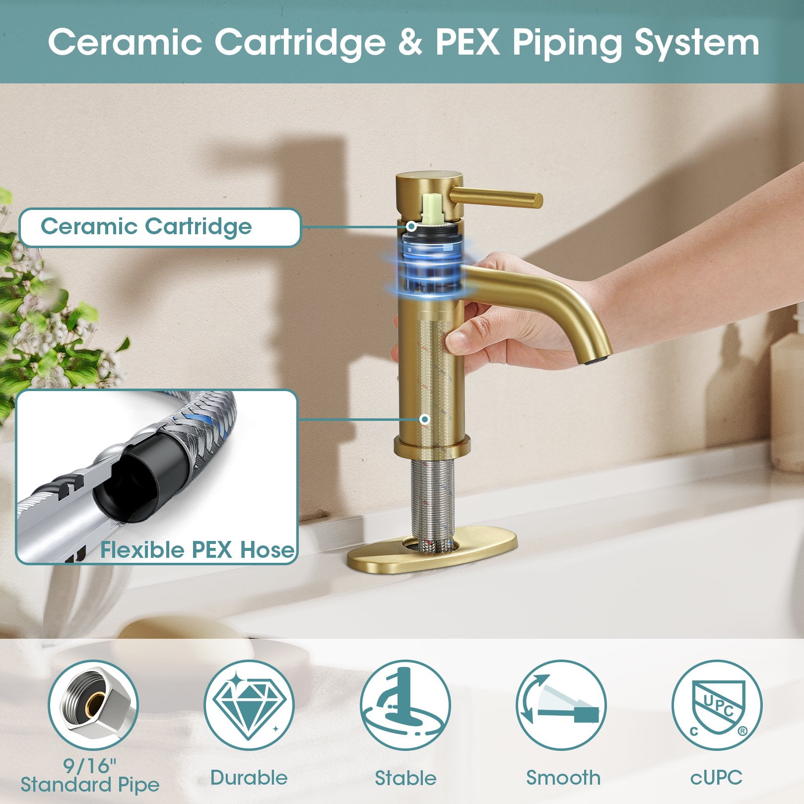 Wowkk Sanitary Ware Bathroom Faucets Stainless Steel Single Handle Bathroom Sink Faucet with Pop up Drain and PEX Encrypted Hose, Modern Bathroom Faucets for Sink 1 or 3 Holes, Brushed Gold
