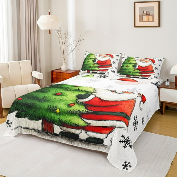 Manfei Kawaii Santa Claus Twin Sheet Sets,Green Christmas Green Twin Fitted Sheet,Xmas Snowflake Flat Sheet For Child,Super Cozy Room Decor,3 Pieces