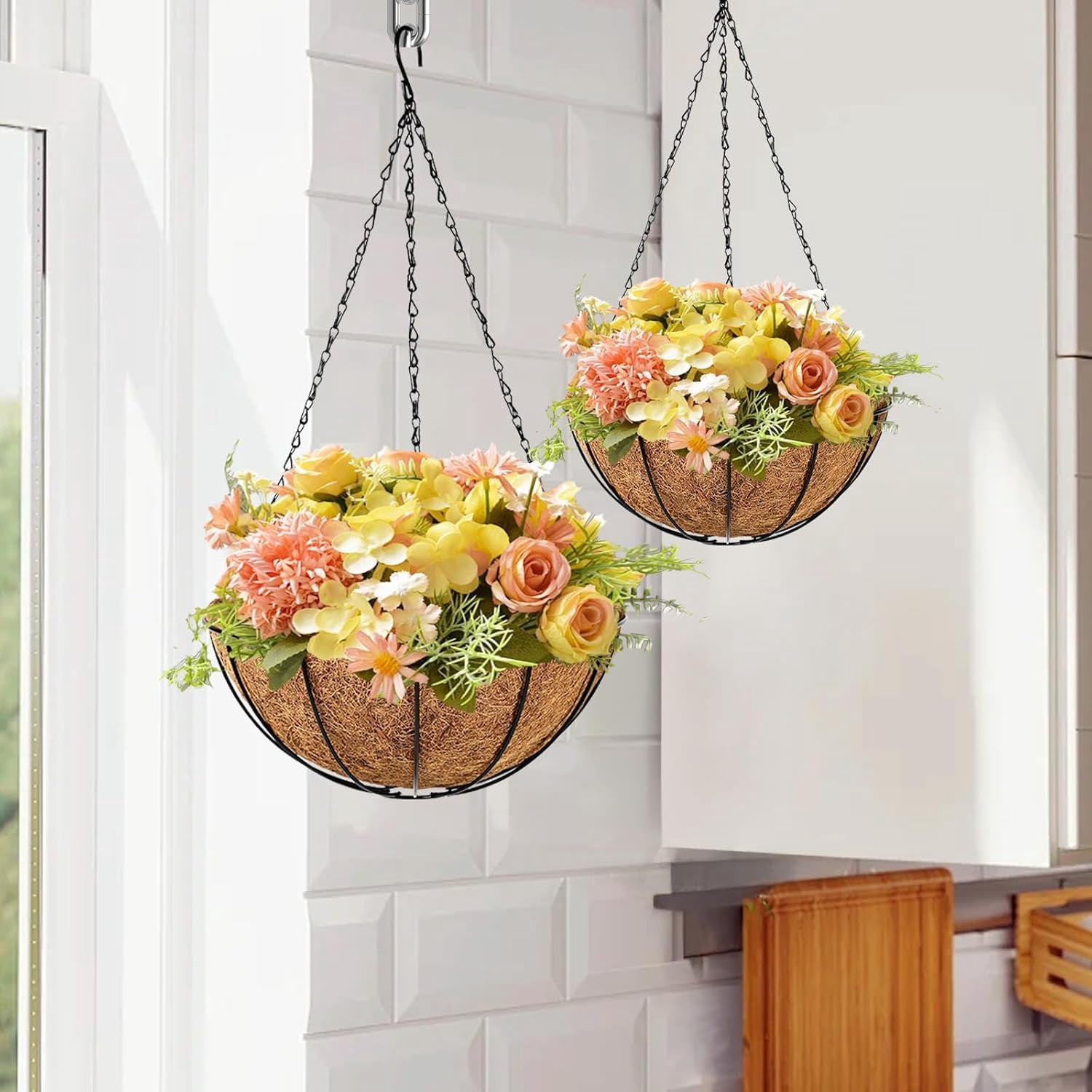 4 Pack 12 Inch Hanging Flower Baskets for Outdoor Plants Large Metal Wire Planters with Coco Liner Pot for Home Planting Black Watering Plant Holders for Outside Garden