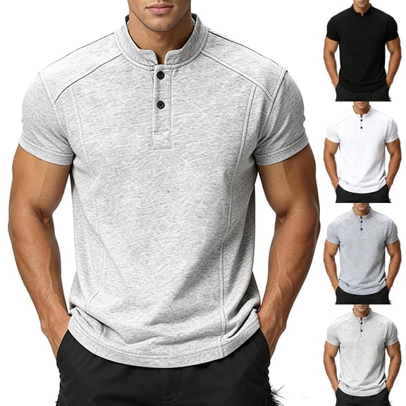 Mens T Shirts Soft Cotton Shirts for Men Mens Heavyweight Cotton T-Shirt Men's Solid Color Casual Button Short Sleeved Round Neck Shirts Dark Gray Xs