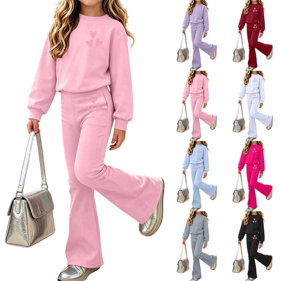 Nekdswn Girls Fleece Lined Sets Heart Print Crew Neck Sweatshirt and Flared Pants Set Fall Fashion Casual Athletic Outfits for 5-15 Years