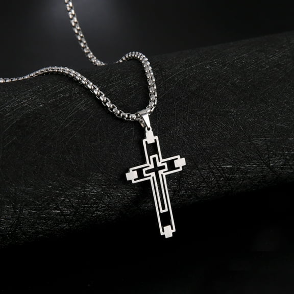 Fashion Creative Cutout Double Cross 14K White Gold Pendant Necklace for Men Classic Women Church Prayer Jewelry