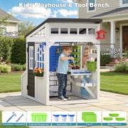 COCLUB Storage Shed Outdoor Wooden Playhouse with Workbench/ Pegboard& Ball Track, Kids Todder Ages 3+