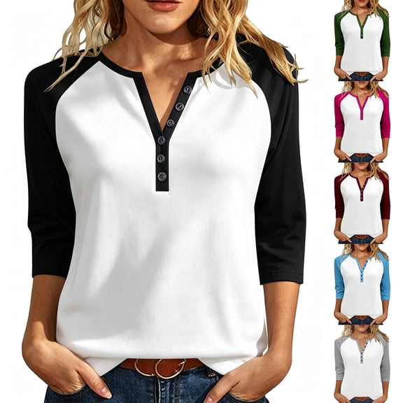 UKHCCC Women's 3/4 Sleeve Tops V Neck Henley Shirts Color Block Raglan Sleeve Loose Casual Baseball T Shirt Summer Blouses S-3XL