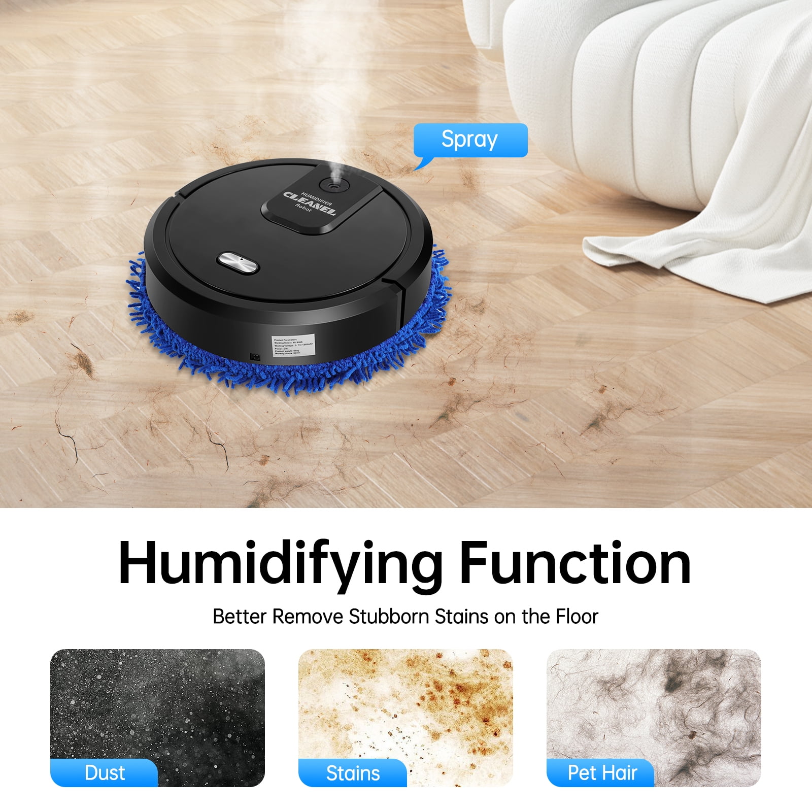 Robot Mop, 60min Cleaning, 360° Full-Surround Wipe Smart Robot Vacuum Cleaner Sweeping Mopping Smart Mop with Humidifying Function, Wet and Dry Available