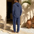 thumbnail image 4 of Delconic Mens Linen Blend Two Piece Set Hooded Half Placket Long Sleeve Shirt and Straight Leg Pants Casual Vacation Outfit Navy M, 4 of 8