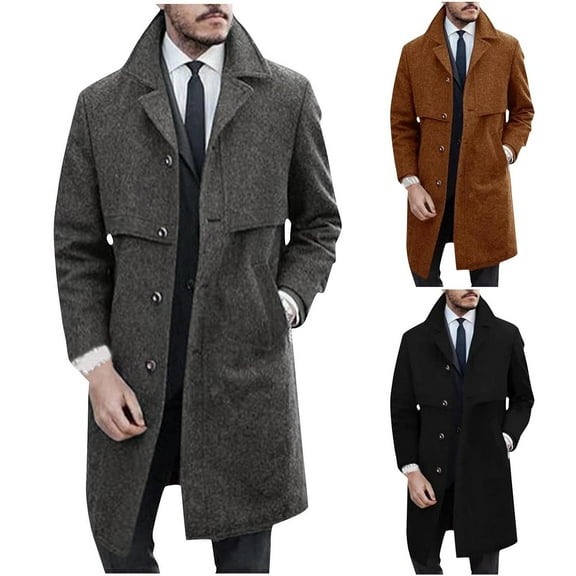 Miluxas Men's Oversized Long Faux Wool Blend Trench Coat Single Breasted Knee Length Lapel Winter Jacket
