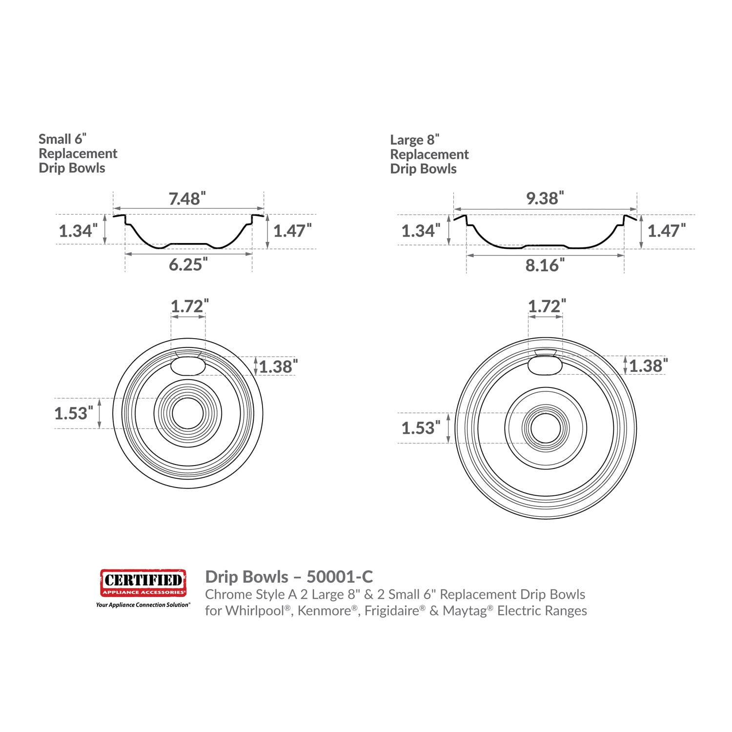 Certified Appliance Accessories 50001-C Chrome Style A 2 Large 8" & 2 Small 6" Replacement Drip Bowls For Whirlpool, Kenmore, Frigidaire & Maytag Electric Ranges