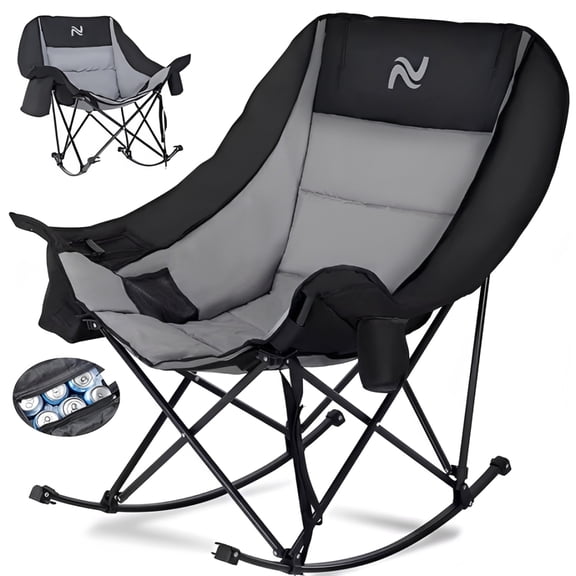 ABORON Oversized Rocking Camping Chair, Folding Camping Rocker Chair, Fully Padded Patio Chair with Cooler Bag and Side Pocket, Portable Outdoor Recliner Chair, Lawn Chairs with Carrying Bag
