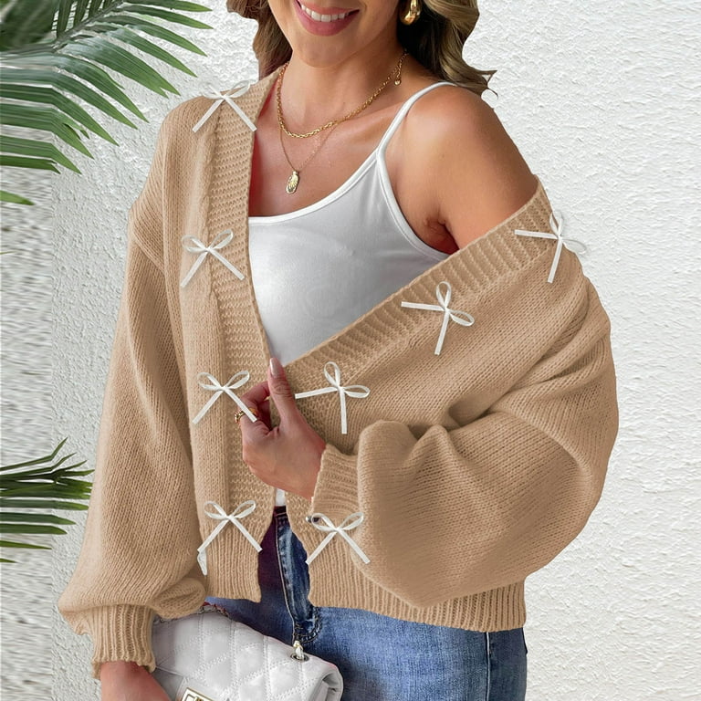 Miluxas Women's Open Front Bow Cardigan Sweaters Knit Long Puff