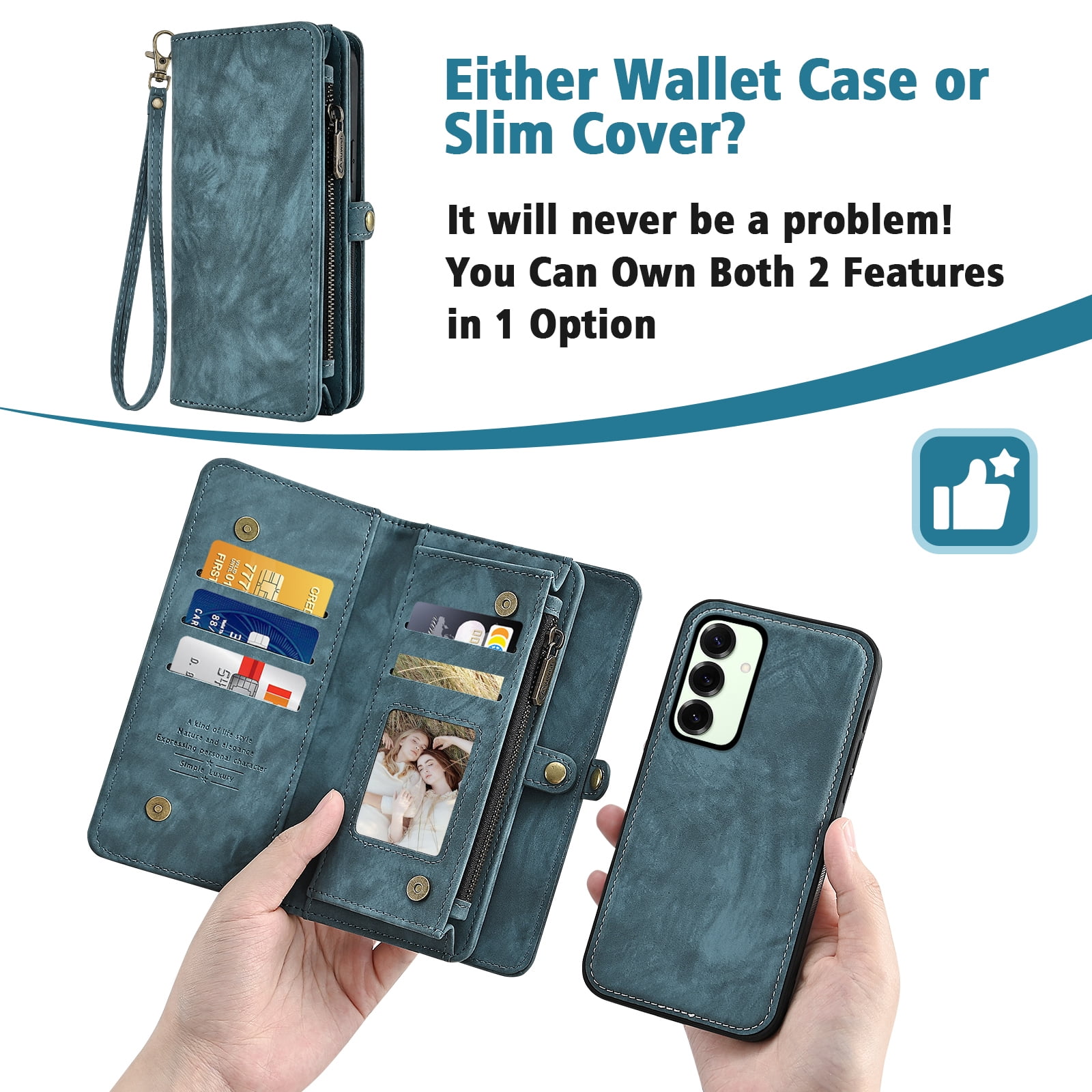 Asuwish Phone Case for Samsung Galaxy S25 Plus S25+ 5G Zipper Wallet Detachable Cell Cover with Tempered Glass Screen Protector Strap Flip Card Holder S25Plus 25S + S 25 25+ SM-S936U Women Girls Blue