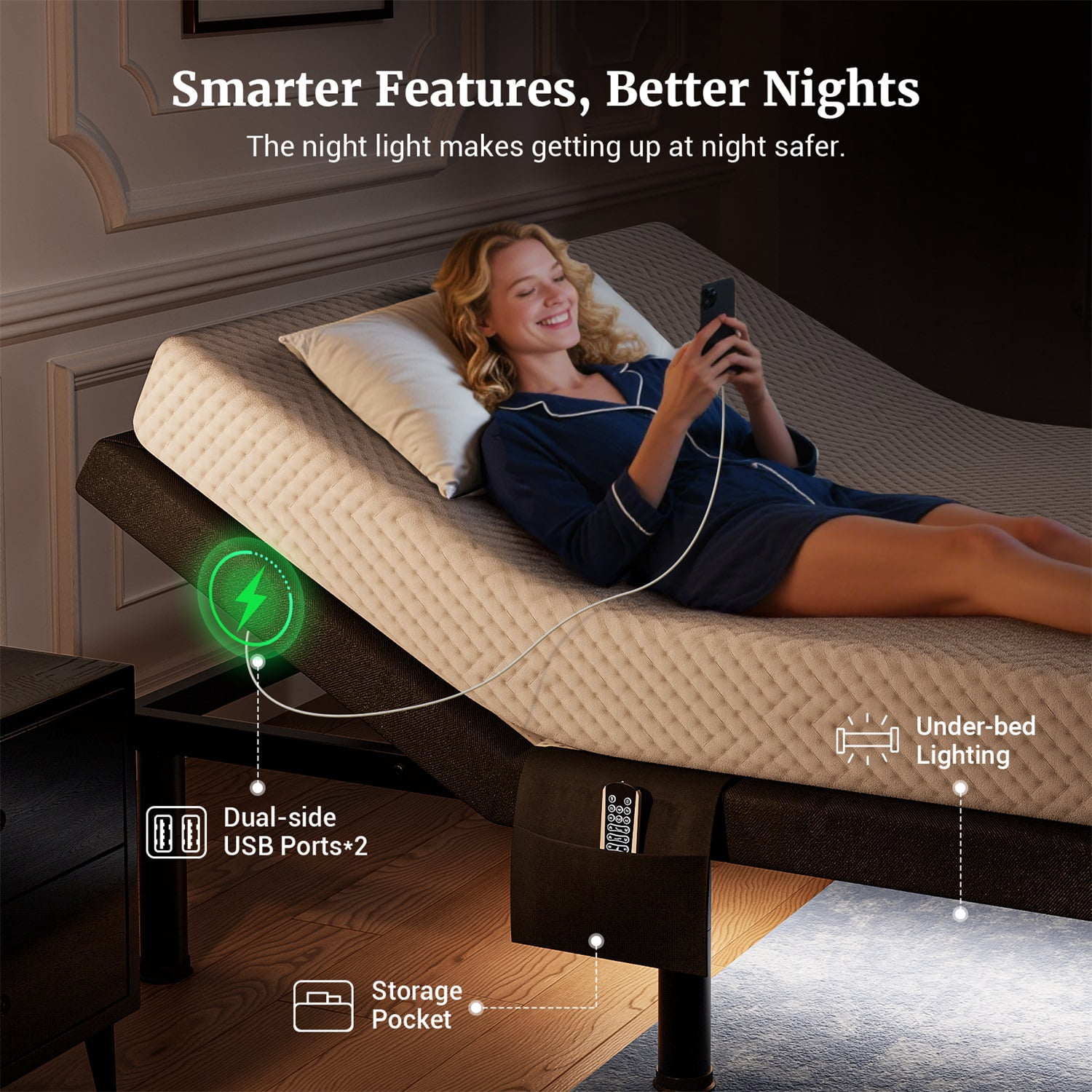 Sino Luban Adjustable Bed Frame Base Split King Size (Sync Control as King) with Massage, Head&Foot Incline - Zero Gravity Electric Bed with 4 USB Ports, Nightlight, Fast Assembly, 3 Height Options