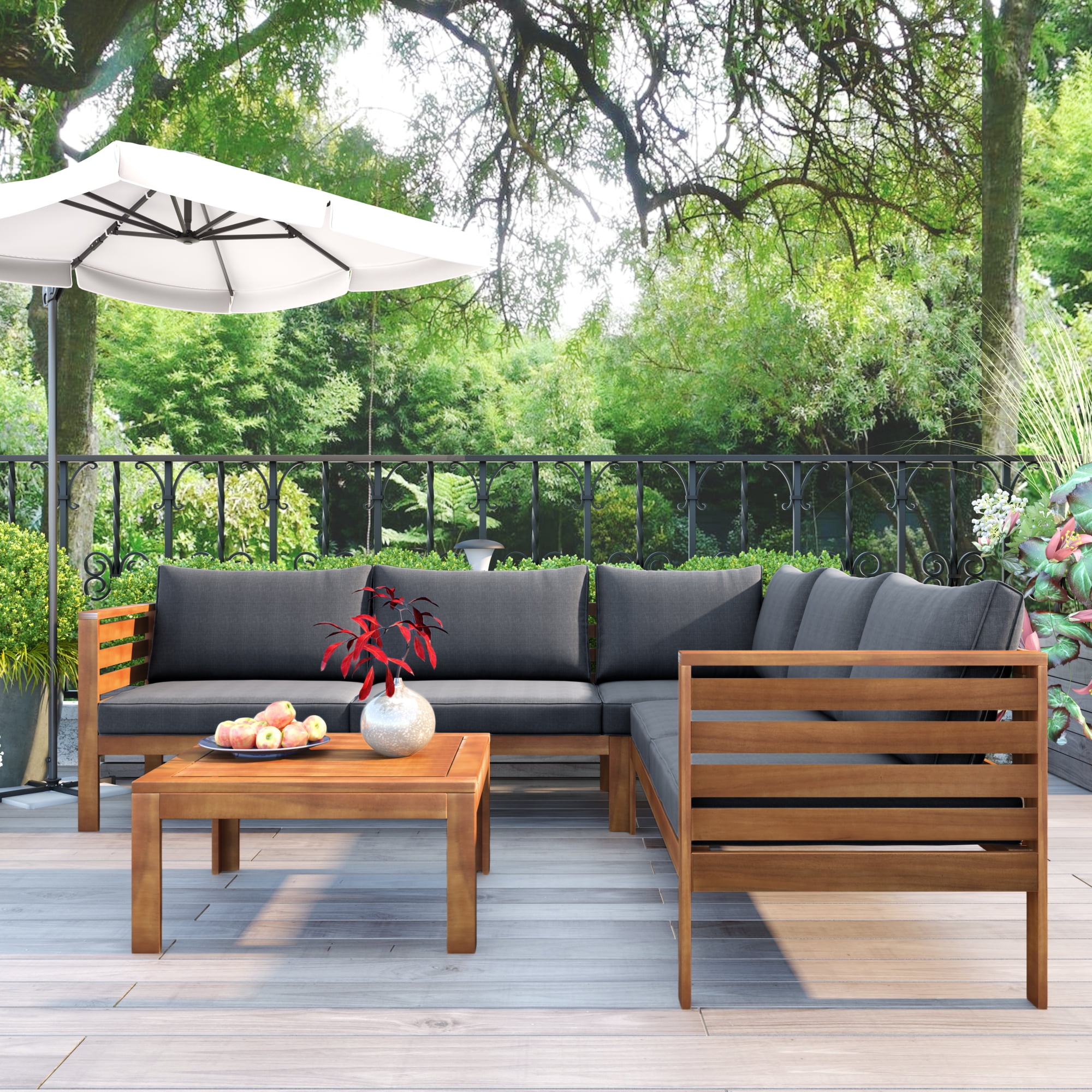Harper & Bright Designs Acacia Wood Outdoor Sectional Furniture with Coffee Table, Patio Modular Sectional Sofa Set, Garden L-Shaped Conversation Set with Cushions, Gray