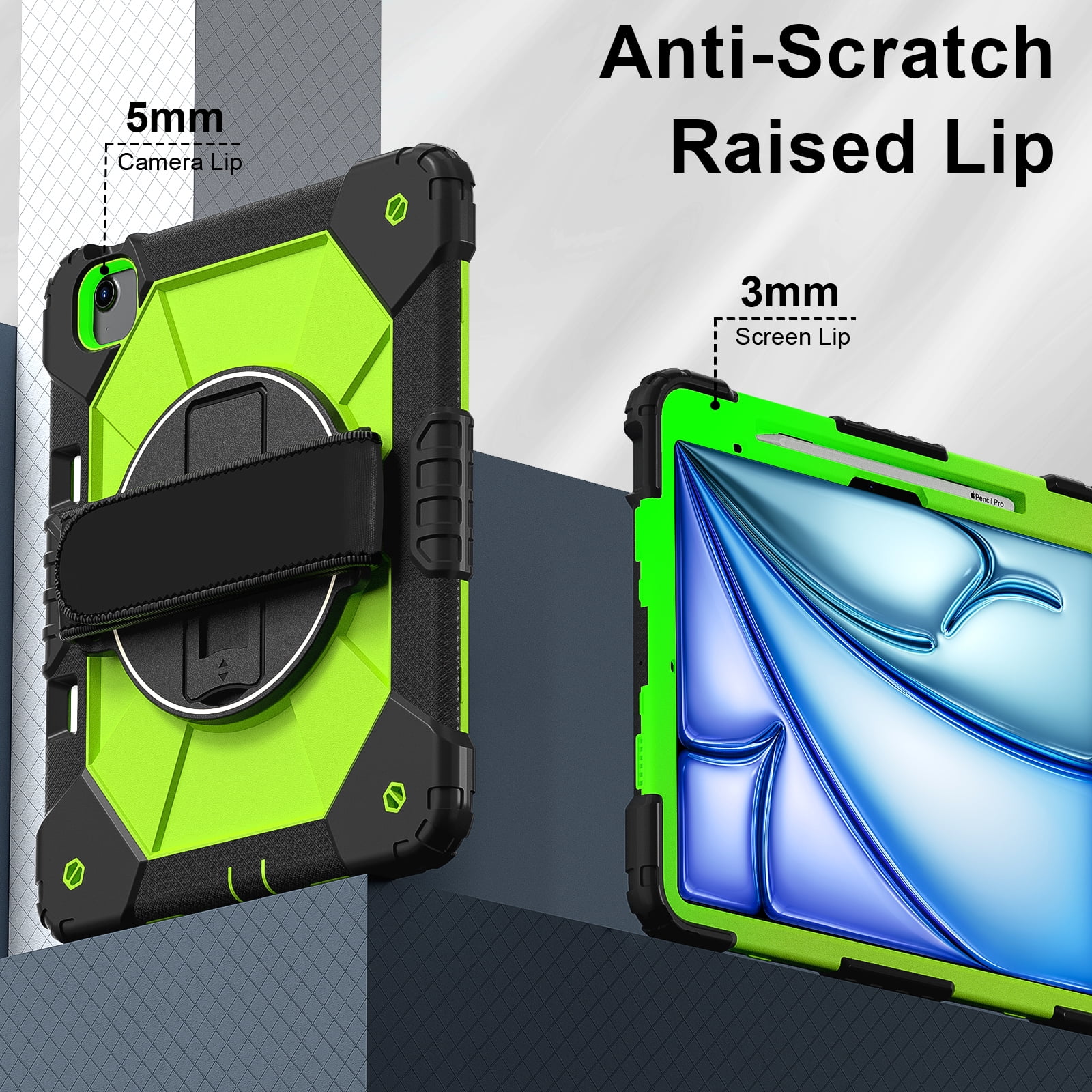 Dteck Case for iPad Air 13 inch 2025/2024 (M3/M2) with Pencil Holder, Shockproof Silicone + PC 3 Layer Protection Case Heavy Duty 360° Rotating Hand Strap Kickstand Cover,Black+Green