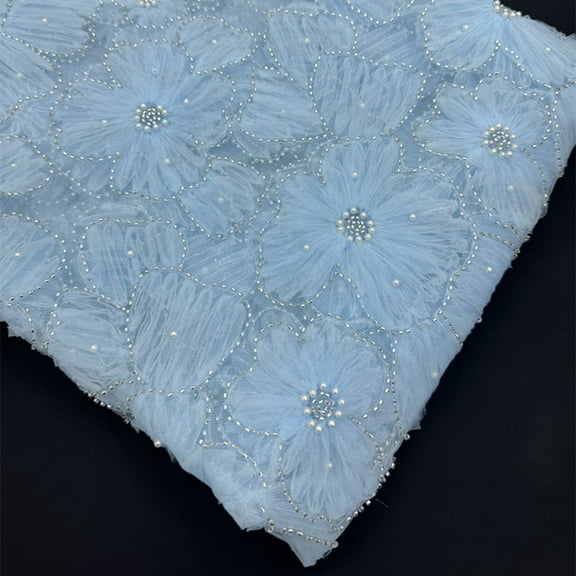 Exquisite White Blue 3D Mesh Flowers & Silver Beads Embellished Lace Fabric