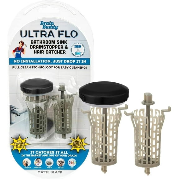 Drain Buddy Ultra Flo Sink Drain Stopper & Hair Catcher - Ultimate Clog Prevention Solution with Extra Basket - Matte Black Metal