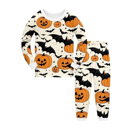 Gunia Kids Halloween Pajama Set Pumpkin Graphic Long Sleeve Tops And Pants Printed Outfit 2 Piece Party Wear Pjs Jammies Orange 7-8 Years