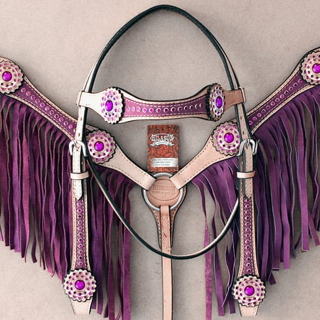Tooled Roper Breast Collar - Hilason American Leather Horse Headstall Breast Collar Tan Purple Fringes