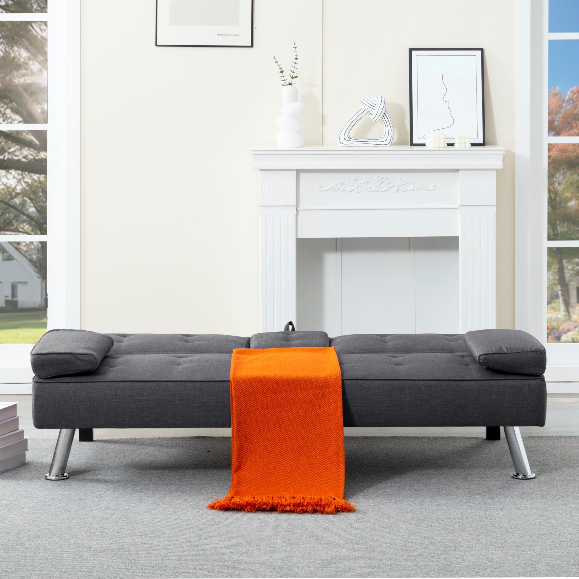 BSHTI 69.49" Fabric Convertible Futon Sofa Bed with Drop-Down Console, 2 Cup Holders, 5-Position Backrest, Side Pocket for Living Room（Dark Grey）