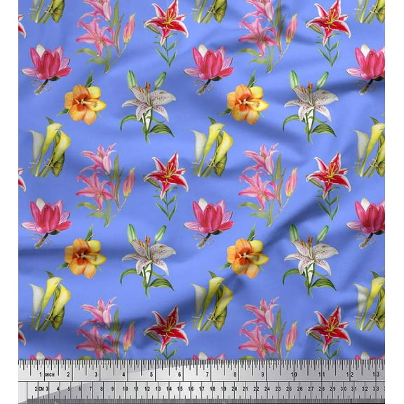 Soimoi Blue Cotton Duck Fabric Lily & Lotus Floral Print Sewing Fabric Yard 42 Inch Wide