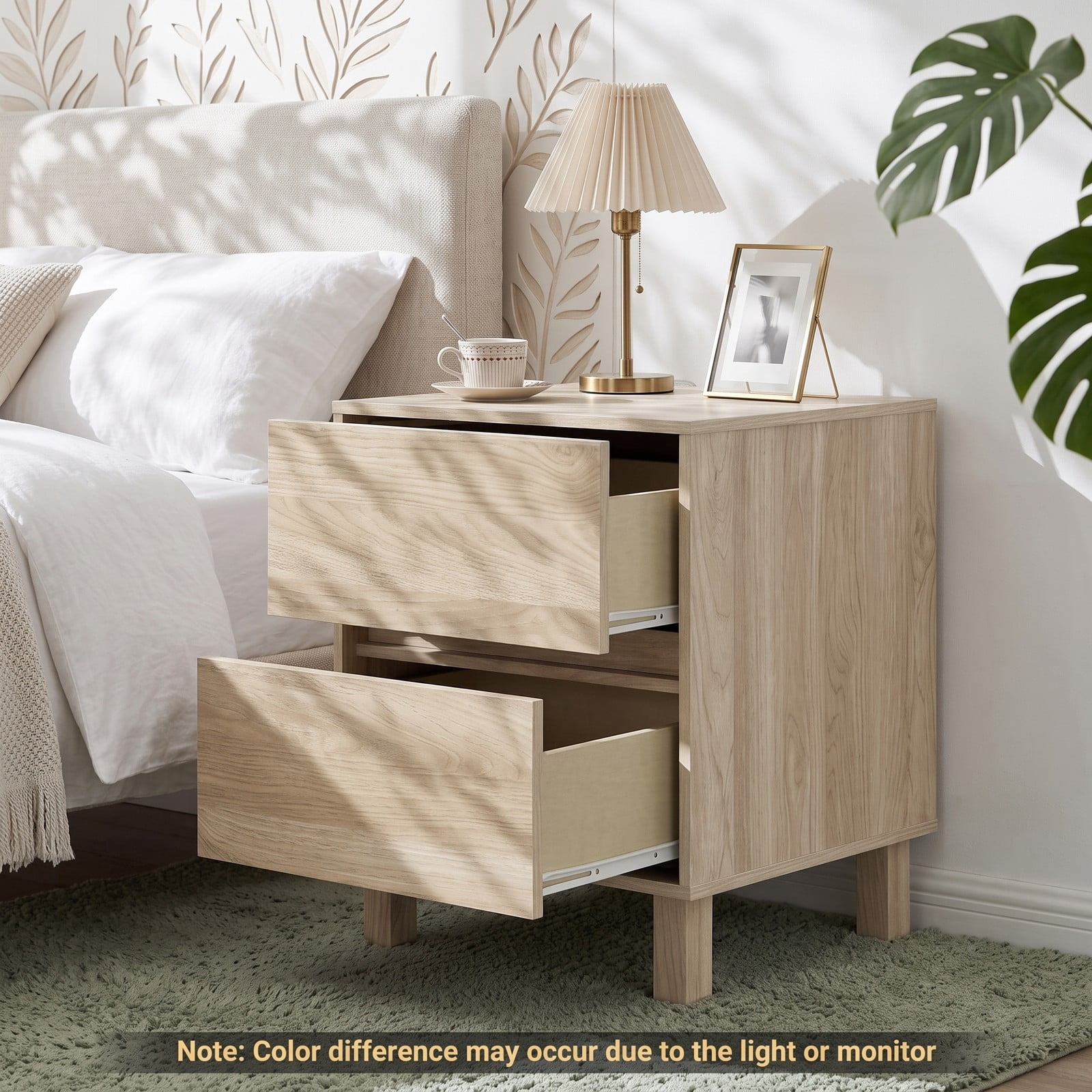 Furnibear Modern Wooden End Table with 2 Storage Drawers, Nightstand Side Table with Elevated Legs and Anti-Toppling Device for Living Room Bedroom Study, Natural