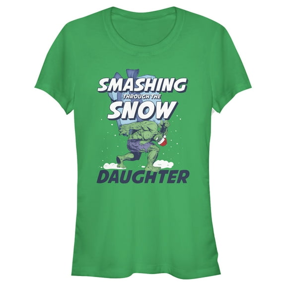 Junior's Marvel Christmas Hulk Daughter Snow Graphic Tee Kelly Green X Large