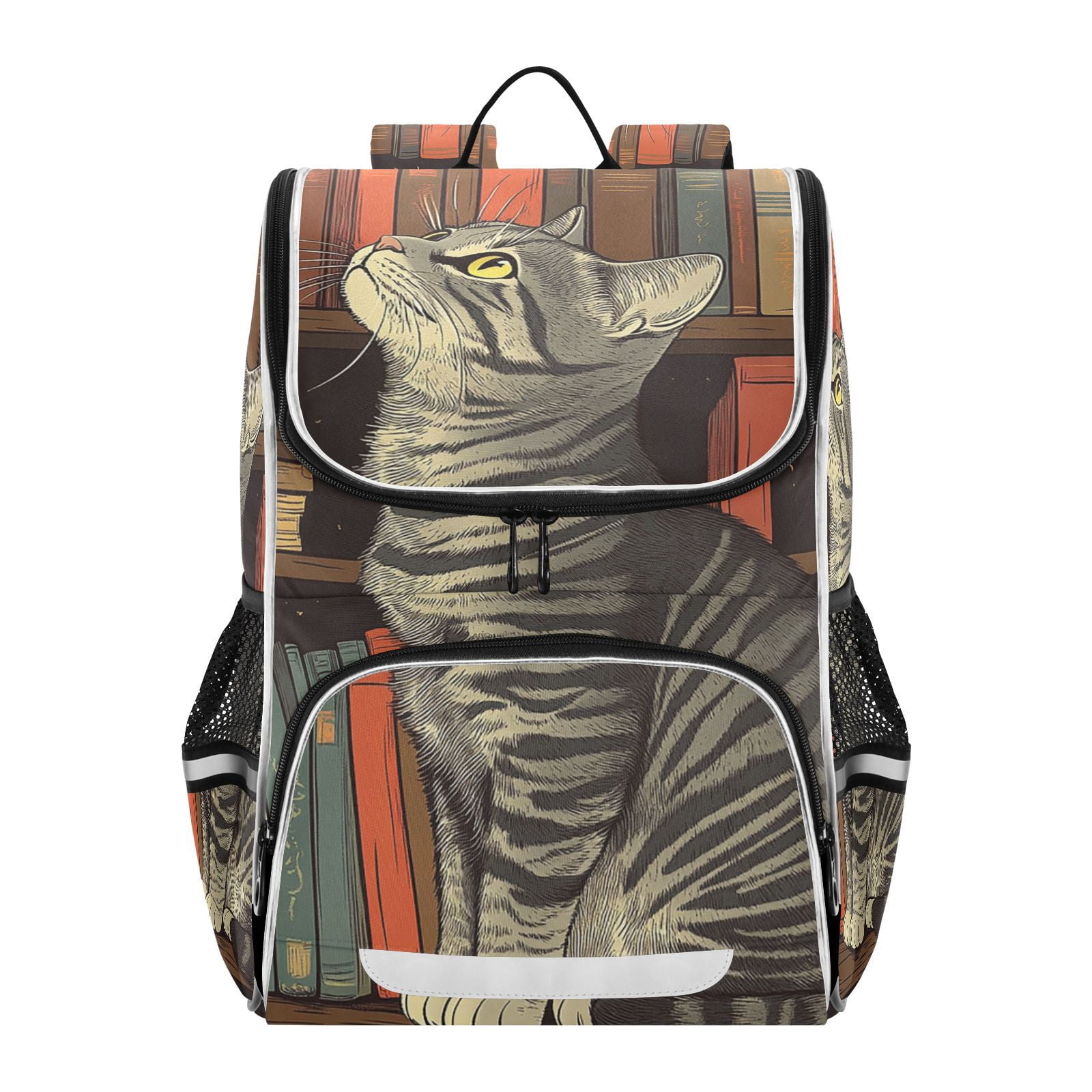 Cat Bookshelf Backpack Big Laptop Backpack Casual Daypack Quilted Large Capacity Large Bookbags