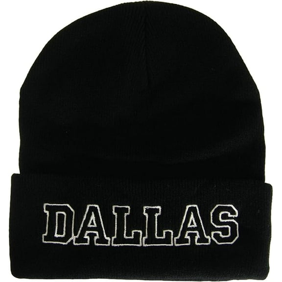 Dallas City Name Cuffed Winter Knit Beanie Toboggan Hat (Black/White)