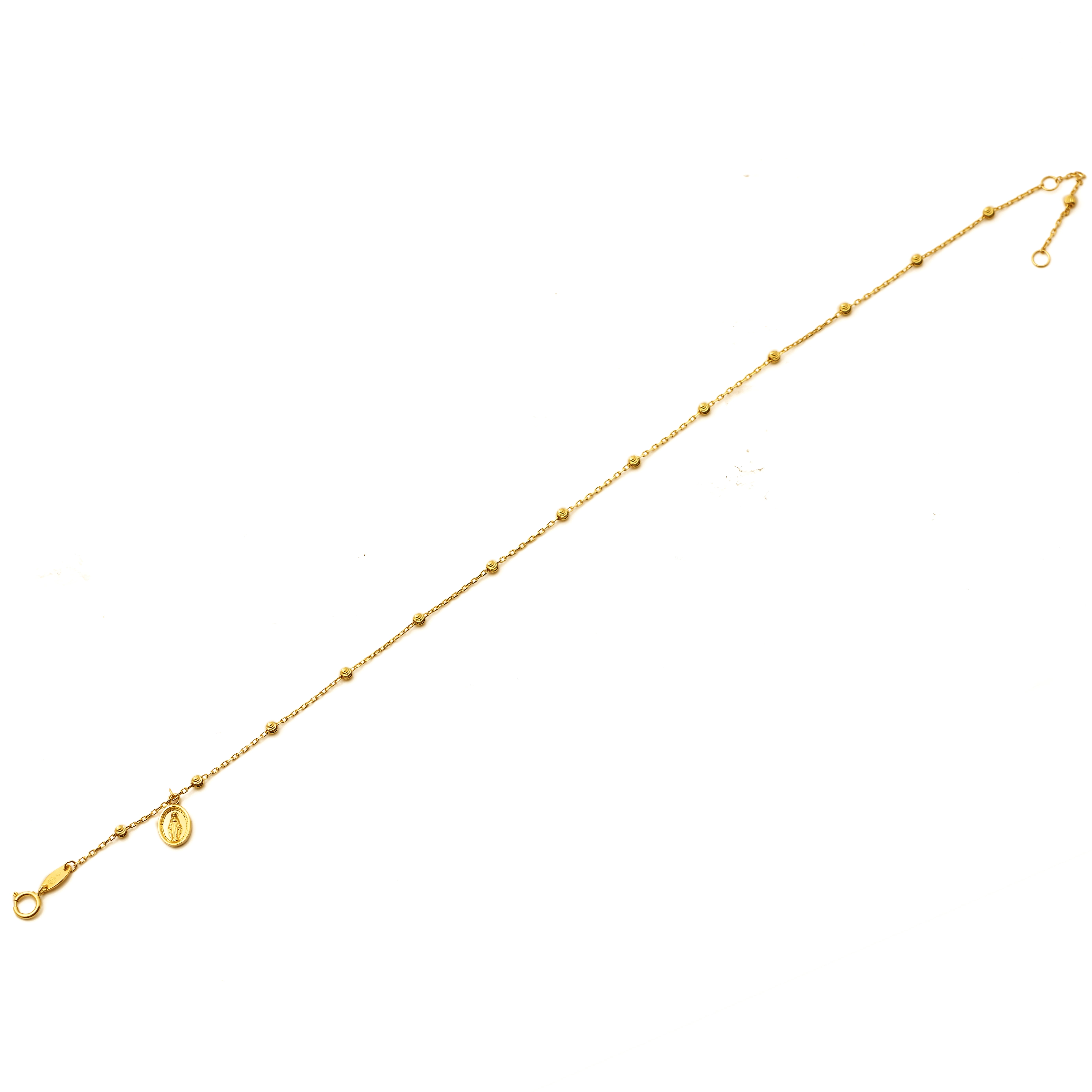 LoveBling 10K Yellow Gold .50mm Diamond Cut Rolo Chain with a Virgin Mary Charm & Beads Anklet Adjustable 9" to 10" (#51)