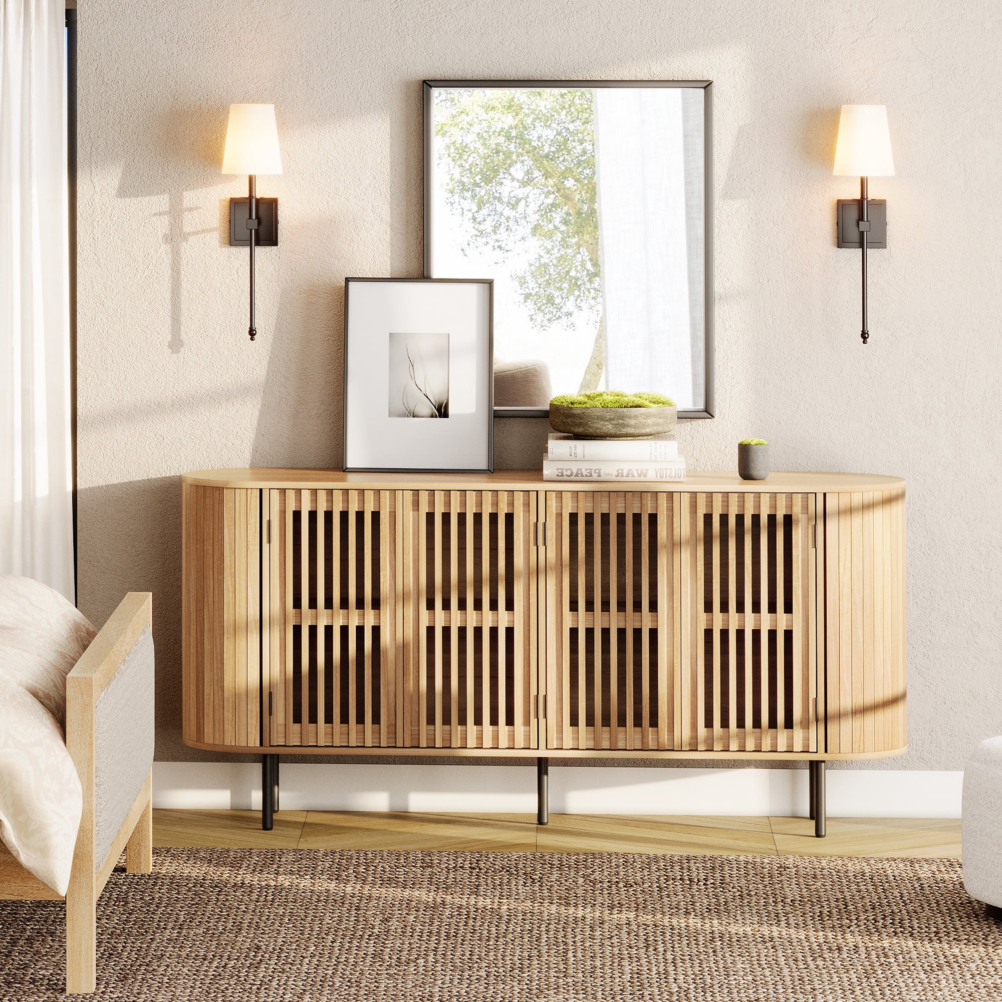 WAMPAT Fluted TV Stand for 75 Inch TV, Modern Entertainment Center with Storage, Wooden Media Console with Pop-up Doors for Livingroom, Bedroom, Oak