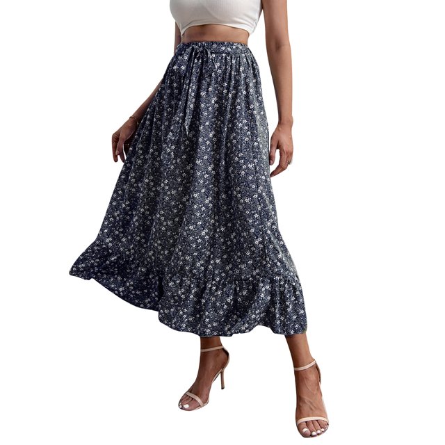 Txlixc, vestido Floral de verano para mujer, cintura alta, bohemio, fluido, falda oscilante, informal, línea A, cintura elástica, lazo, volante, longitud media, vestido de playa Txlixc Casual